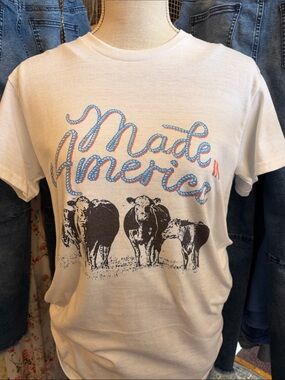 Made in America White Tee with Blue Script & Red Accent